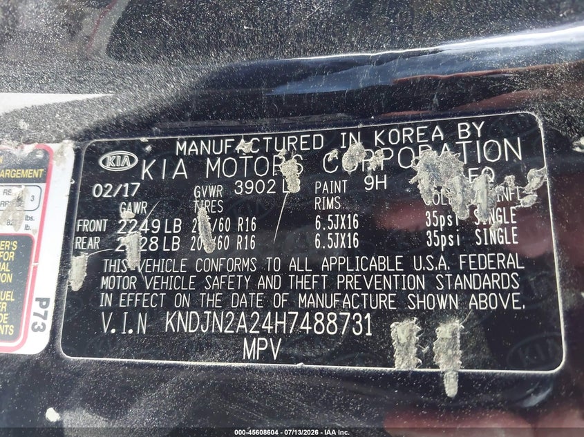 2017 Kia Soul VIN KNDJN2A24H7488731 IAAI salvage auction — LEFT SIDE, Salvage Title (California), sold $850 on 2026-07-22 (photo 9)