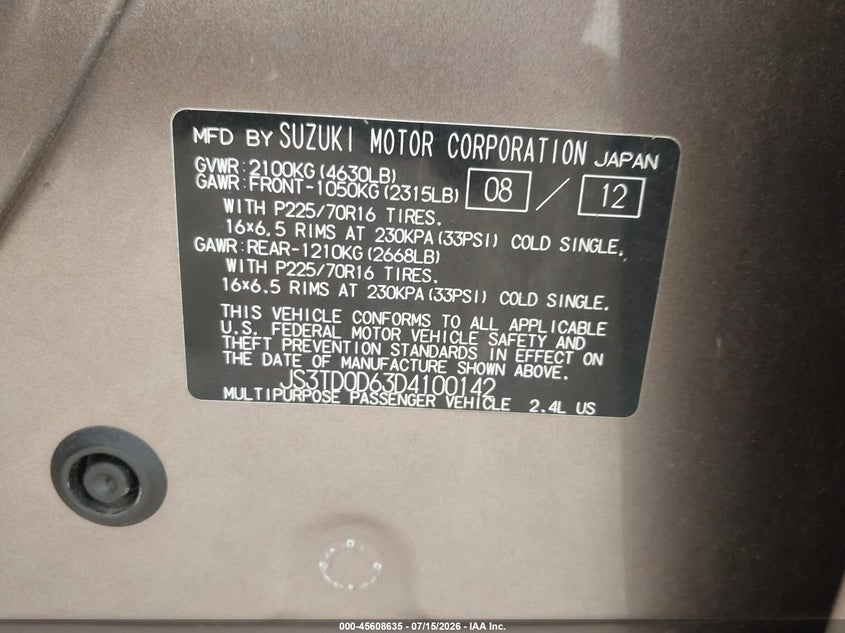 2013 Suzuki Grand vitara VIN JS3TD0D63D4100142 IAAI salvage auction — NORMAL WEAR, Clear (New York), sold $875 on 2026-07-28 (photo 9)
