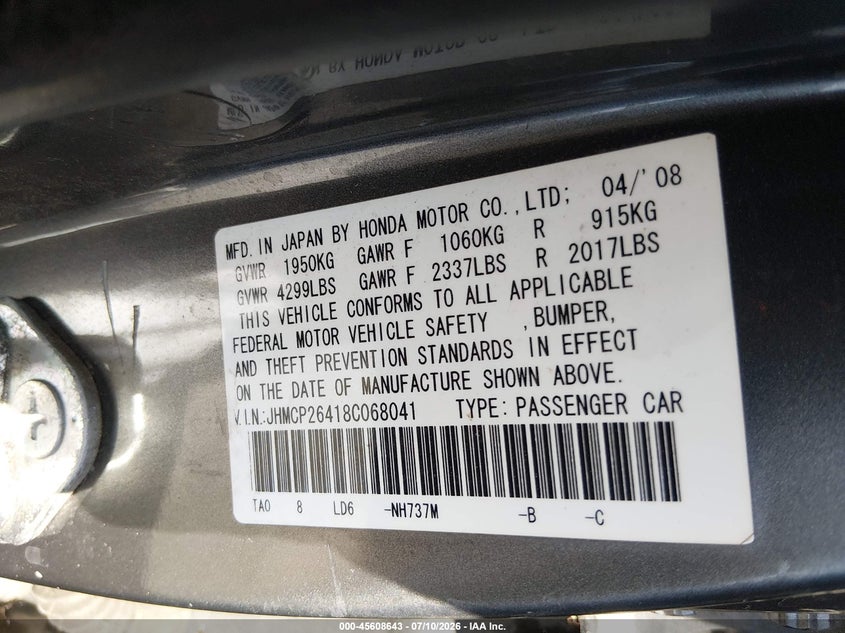 2008 Honda Accord VIN JHMCP26418C068041 IAAI salvage auction — NORMAL WEAR, Clear - Dealer Only (California), sold $700 on 2026-07-30 (photo 9)