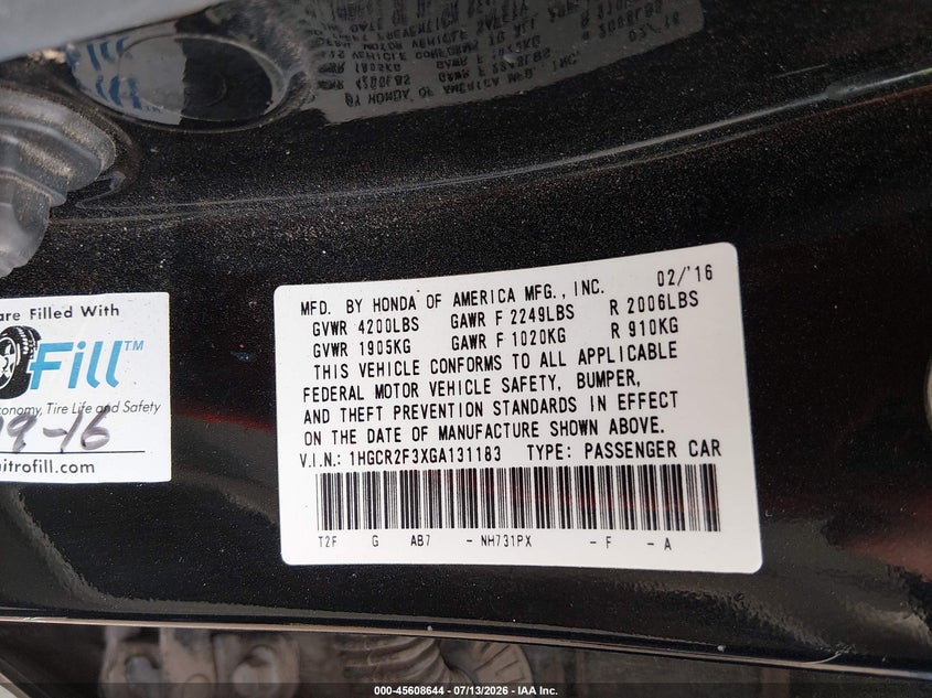 2016 Honda Accord VIN 1HGCR2F3XGA131183 IAAI salvage auction — FRONT END, Wait Title, sold $2,400 on 2026-08-23 (photo 9)