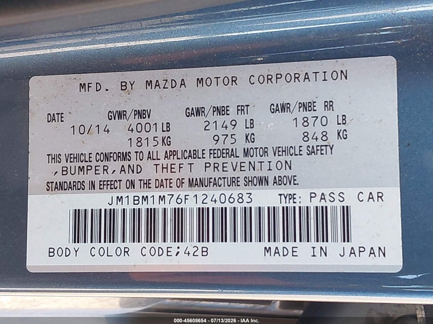 2015 Mazda 3 VIN JM1BM1M76F1240683 IAAI salvage auction — RIGHT SIDE, Salvage (Oregon), sold $1,875 on 2026-09-27 (photo 9)