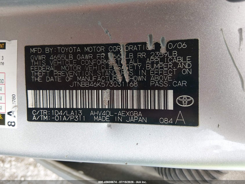 2007 Toyota Camry VIN JTNBB46K573031168 IAAI salvage auction — NORMAL WEAR, Clear, sold $25 on 2026-07-23 (photo 9)
