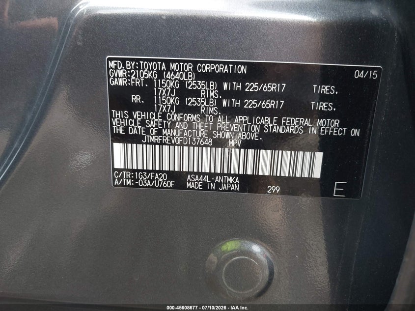 2015 Toyota Rav 4 VIN JTMRFREV0FD137648 IAAI salvage auction — NORMAL WEAR, Original (Ohio), sold $3,550 on 2026-07-30 (photo 9)
