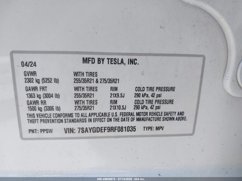 2024 Tesla Model y VIN 7SAYGDEF9RF081035 IAAI salvage auction — FRONT END, Wait Title, sold $12,800 on 2026-08-29 (photo 9)