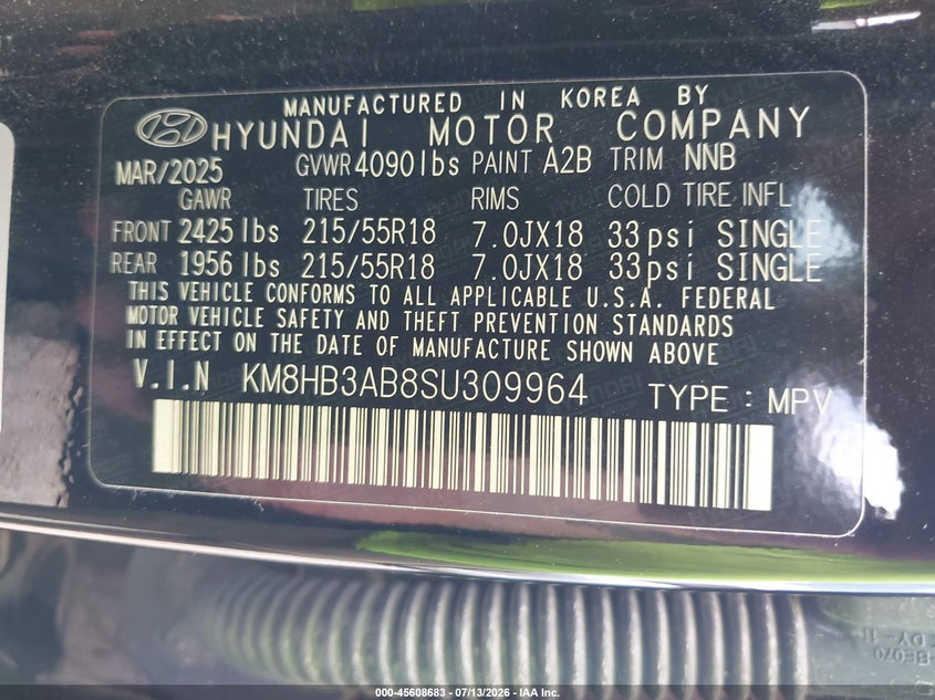 2025 Hyundai Kona VIN KM8HB3AB8SU309964 IAAI salvage auction — REAR END, Enterprise Vehicles Clear Only (Tennessee), sold $11,600 on 2026-07-22 (photo 9)