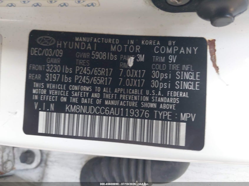 2010 Hyundai Veracruz VIN KM8NUDCC6AU119376 IAAI salvage auction — RIGHT SIDE, Mv-907A (New York), sold $100 on 2026-07-23 (photo 9)