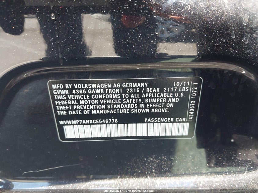 2012 Volkswagen Cc VIN WVWMP7ANXCE546778 IAAI salvage auction — NORMAL WEAR, Clear - Dealer Only (California), sold $325 on 2026-07-17 (photo 9)