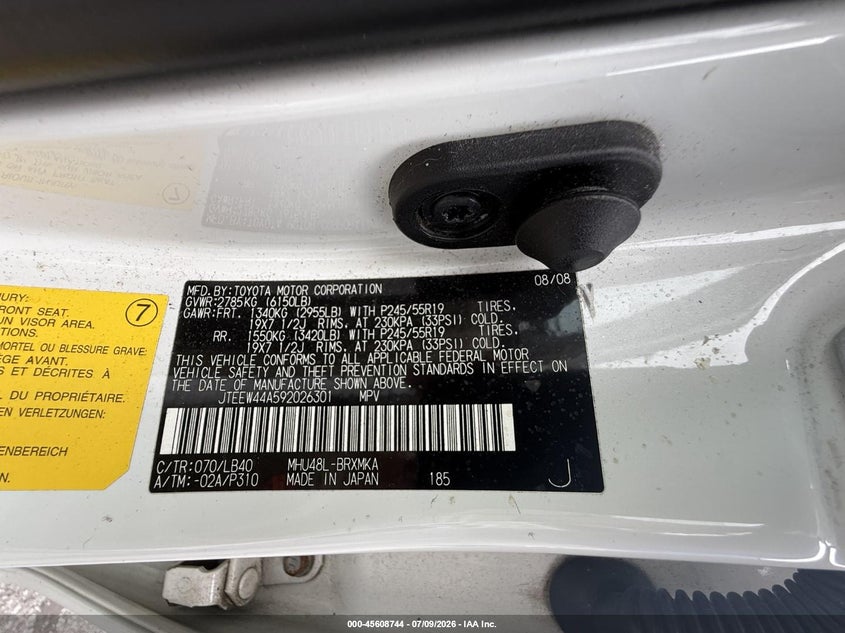 2009 Toyota Highlander hybrid VIN JTEEW44A592026301 IAAI salvage auction — REAR END, Clear (New York), sold $1,250 on 2026-07-29 (photo 9)