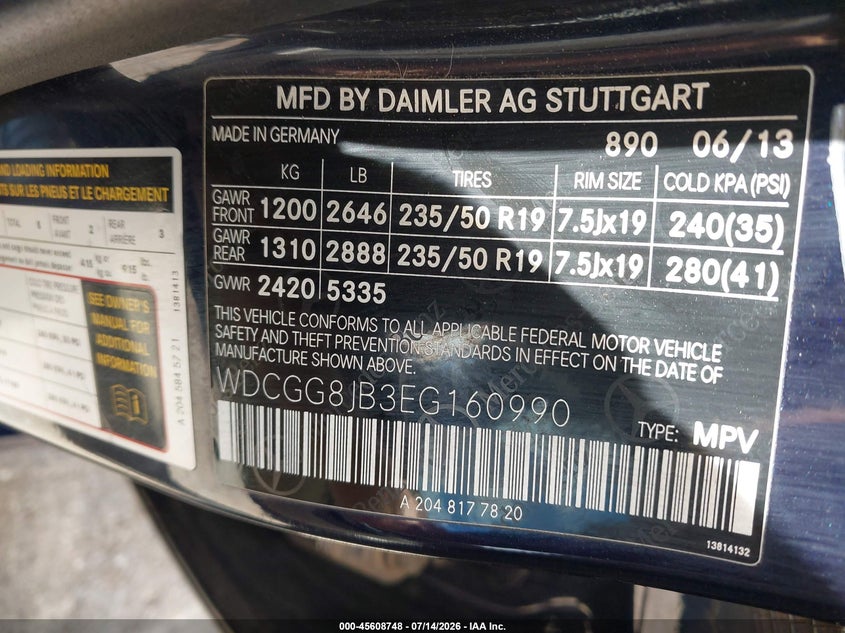 2014 Mercedes-benz Glk-class VIN WDCGG8JB3EG160990 IAAI salvage auction — NORMAL WEAR, Original (Texas), sold $875 on 2026-07-21 (photo 9)