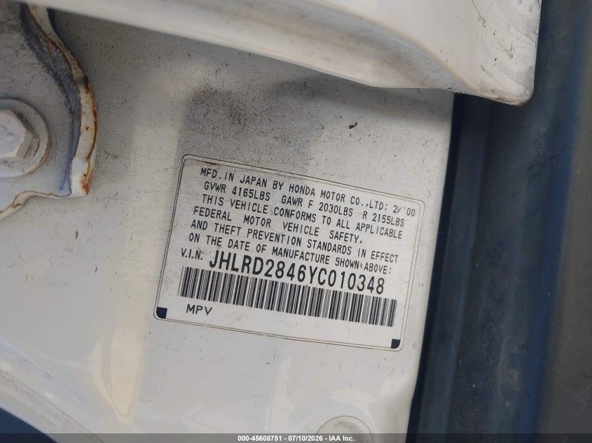 2000 Honda Cr-v VIN JHLRD2846YC010348 IAAI salvage auction — NORMAL WEAR, Clear - Dealer Only (California), sold $100 on 2026-07-28 (photo 9)