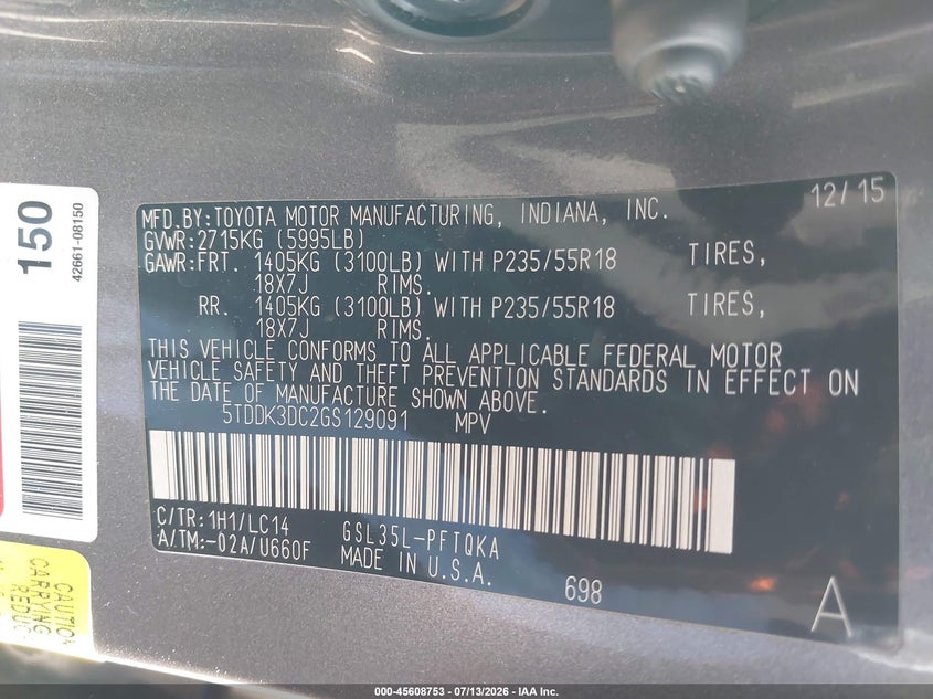 2016 Toyota Sienna VIN 5TDDK3DC2GS129091 IAAI salvage auction — REAR END, Salvage (Pennsylvania), sold $6,100 on 2026-07-26 (photo 9)