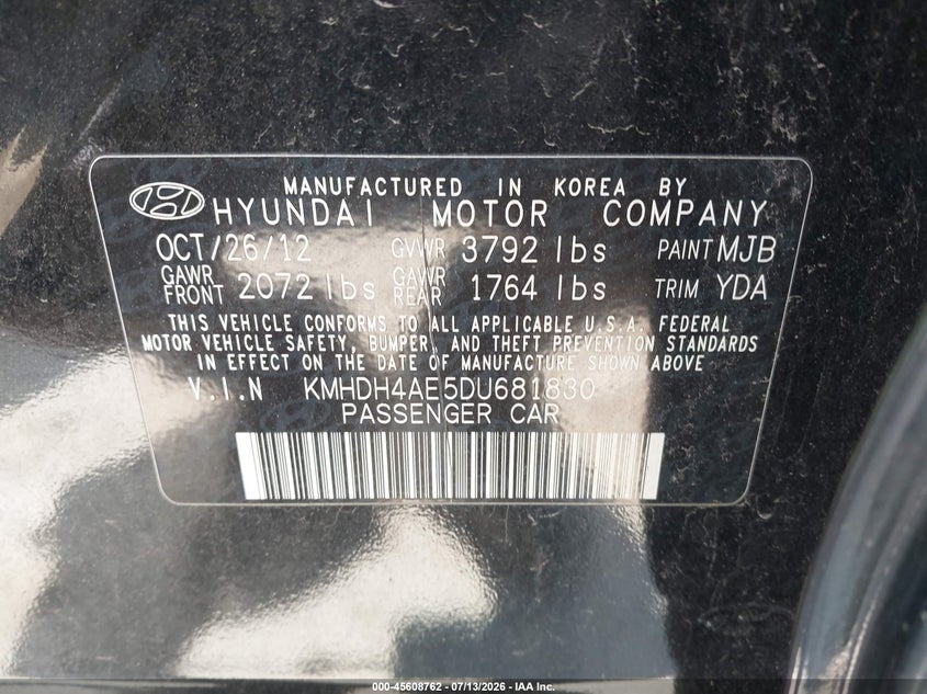 2013 Hyundai Elantra VIN KMHDH4AE5DU681830 IAAI salvage auction — NORMAL WEAR, Clear (Illinois), sold $450 on 2026-07-28 (photo 9)