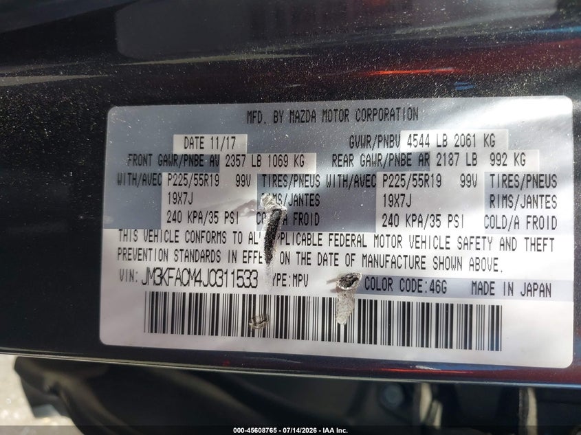 2018 Mazda Cx-5 VIN JM3KFACM4J0311533 IAAI salvage auction — RIGHT FRONT, Salvage Certificate (California), sold $1,550 on 2026-07-24 (photo 9)