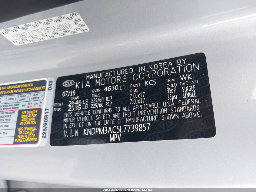 2020 Kia Sportage VIN KNDPM3AC5L7739857 IAAI salvage auction — FRONT END, Salvage Title, sold $2,500 on 2026-08-29 (photo 9)