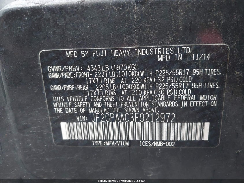 2015 Subaru Xv crosstrek VIN JF2GPAAC3F9212972 IAAI salvage auction — NORMAL WEAR, Clear (Tennessee), sold $875 on 2026-07-17 (photo 9)