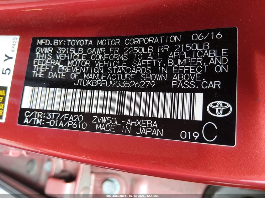 2016 Toyota Prius VIN JTDKBRFU9G3526279 IAAI salvage auction — FRONT & REAR, Salvage (California), sold $1,050 on 2026-07-30 (photo 9)