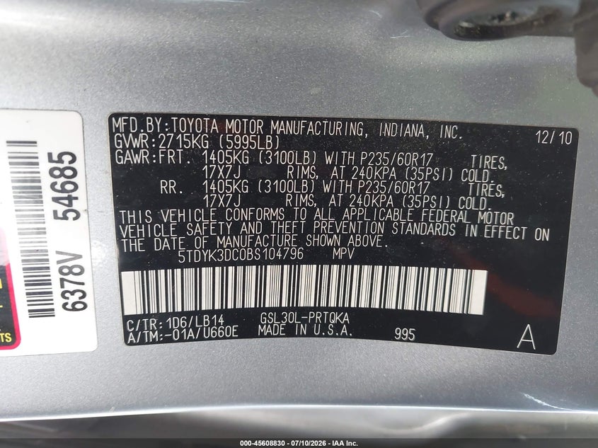 2011 Toyota Sienna VIN 5TDYK3DC0BS104796 IAAI salvage auction — NORMAL WEAR, Clear (Texas), sold $2,600 on 2026-07-30 (photo 9)