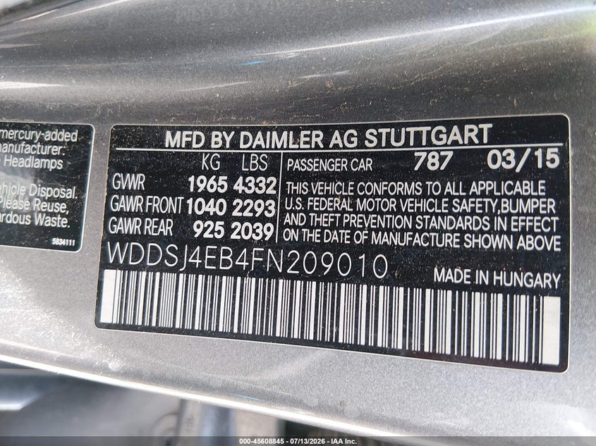 2015 Mercedes-benz Cla-klasse VIN WDDSJ4EB4FN209010 IAAI salvage auction — REAR END, Salvage (New Mexico), sold $2,650 on 2026-08-20 (photo 9)