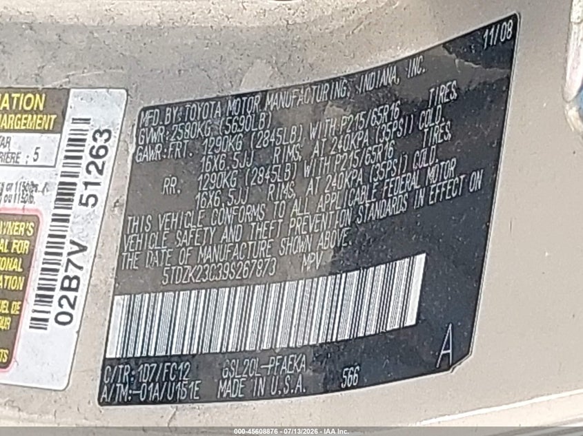 2009 Toyota Sienna VIN 5TDZK23C39S267873 IAAI salvage auction — REAR END, Clear (Indiana), sold $675 on 2026-07-31 (photo 9)