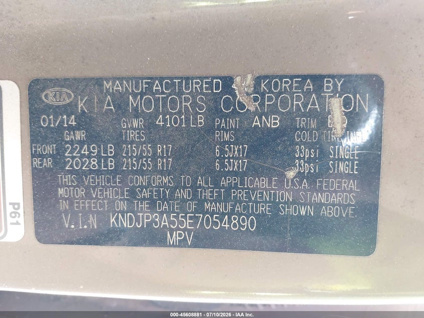 2014 Kia Soul VIN KNDJP3A55E7054890 IAAI salvage auction — NORMAL WEAR, Clear (Florida), sold $775 on 2026-07-17 (photo 9)