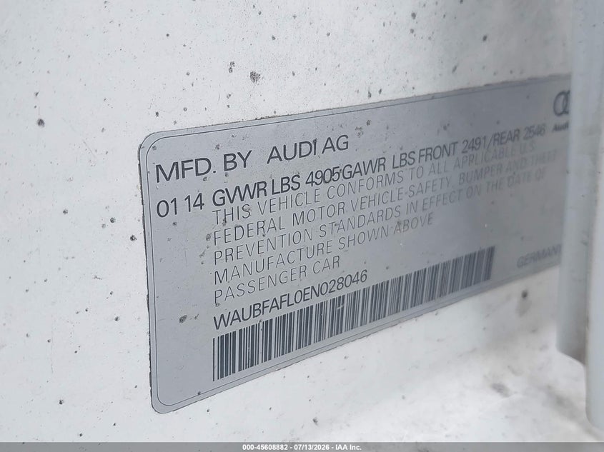 2014 Audi A4 VIN WAUBFAFL0EN028046 IAAI salvage auction — FRONT END, Salvage Title, sold $1,650 on 2026-07-31 (photo 9)