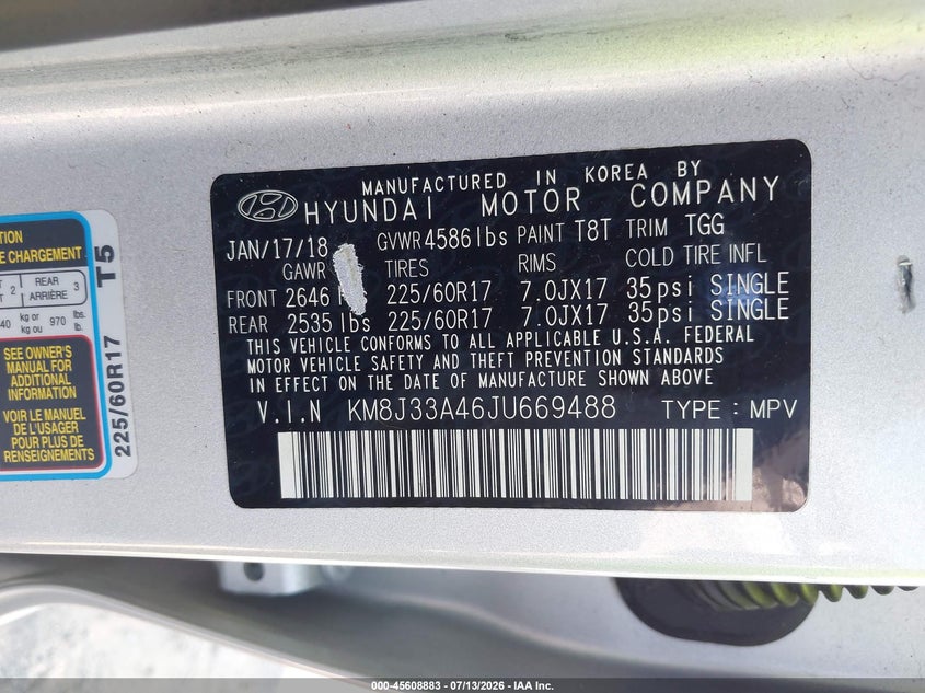 2018 Hyundai Tucson VIN KM8J33A46JU669488 IAAI salvage auction — THEFT, Bill Of Sale (Washington), sold $175 on 2026-07-29 (photo 9)