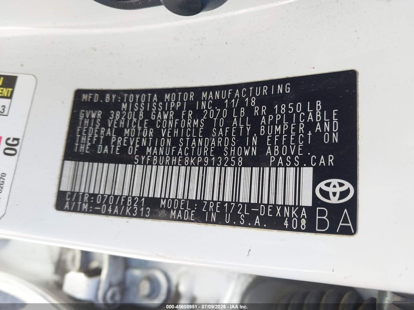 2019 Toyota Corolla VIN 5YFBURHE8KP913258 IAAI salvage auction — TRANSMISSION, Salvage Title, sold $2,700 on 2026-07-23 (photo 9)