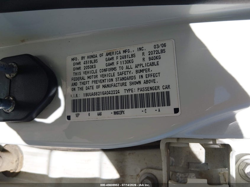 2006 Acura Tl VIN 19UUA66216A042224 IAAI salvage auction — NORMAL WEAR, Clear (Colorado), sold $1,200 on 2026-07-22 (photo 9)