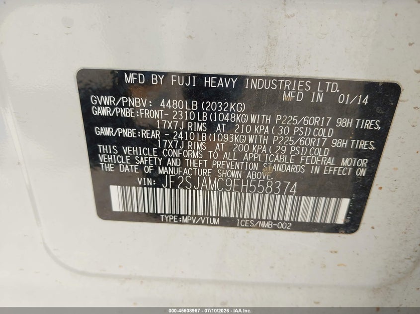 2014 Subaru Forester VIN JF2SJAMC9EH558374 IAAI salvage auction — NORMAL WEAR, Clear (Colorado), sold $675 on 2026-07-22 (photo 9)