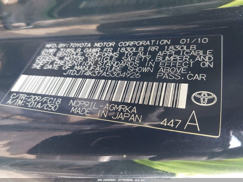 2010 Toyota Yaris VIN JTDJT4K37A5304926 IAAI salvage auction — NORMAL WEAR, Clear (New York), sold $625 on 2026-07-28 (photo 9)