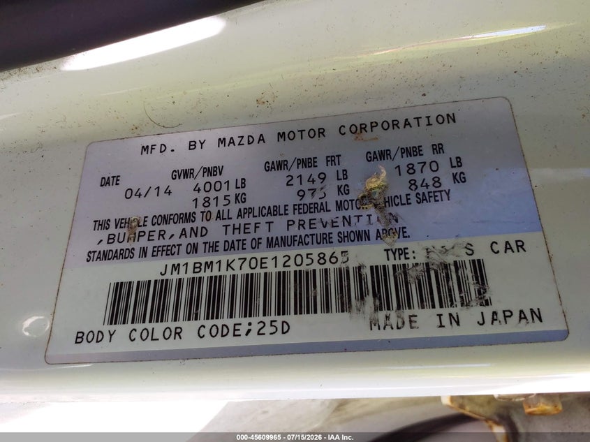 2014 Mazda 3 VIN JM1BM1K70E1205865 IAAI salvage auction — NORMAL WEAR, Clear (New Jersey), sold $25 on 2026-07-30 (photo 9)