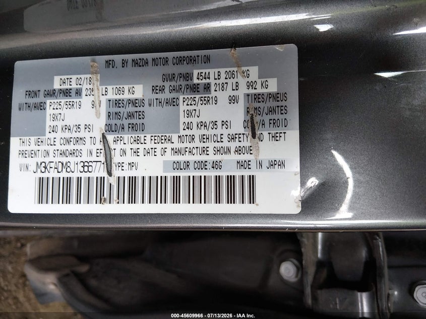 2018 Mazda Cx-5 VIN JM3KFADM8J1366771 IAAI salvage auction — FRONT END, Salvage (Louisiana), sold $3,650 on 2026-07-18 (photo 9)