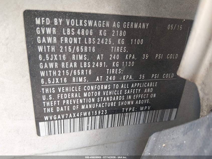 2015 Volkswagen Tiguan VIN WVGAV7AX4FW615923 IAAI salvage auction — NORMAL WEAR, Clear (Georgia), sold $275 on 2026-07-30 (photo 9)