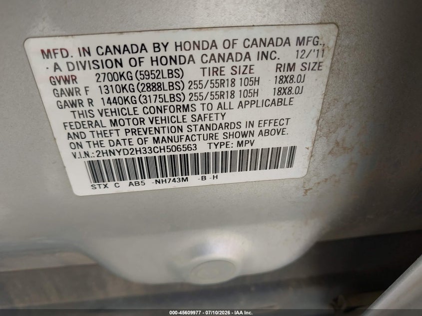 2012 Acura Mdx VIN 2HNYD2H33CH506563 IAAI salvage auction — REAR END, Salvage Title, sold $800 on 2026-07-29 (photo 9)