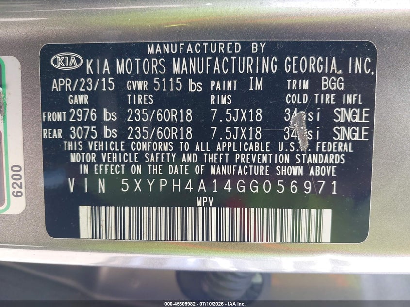 2016 Kia Sorento VIN 5XYPH4A14GG056971 IAAI salvage auction — NORMAL WEAR, Clear (Maryland), sold $4,550 on 2026-07-16 (photo 9)