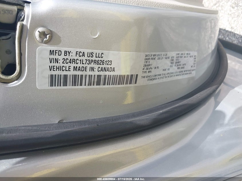 2023 Chrysler Pacifica VIN 2C4RC1L73PR626123 IAAI salvage auction — WATER/FLOOD, Salvage Title, sold $7,675 on 2026-07-30 (photo 9)