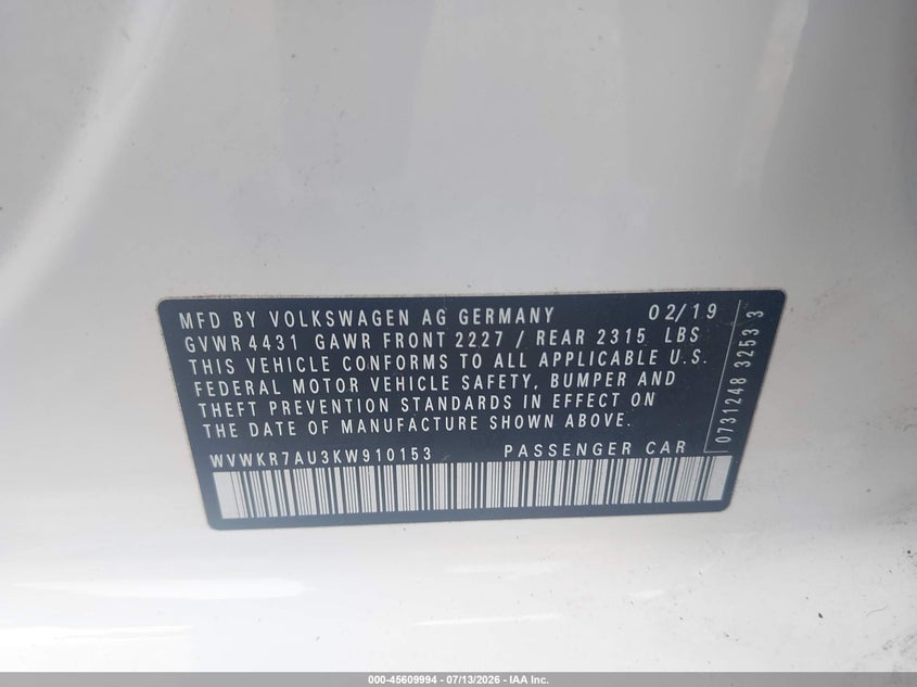 2019 Volkswagen E-golf VIN WVWKR7AU3KW910153 IAAI salvage auction — FRONT END, Clear (Florida), sold $3,300 on 2026-07-16 (photo 9)
