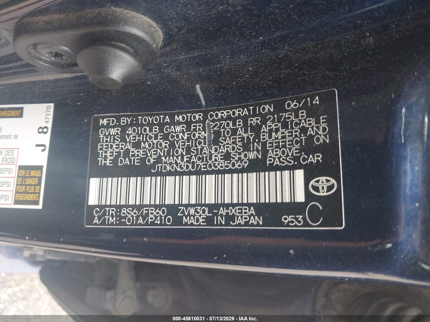 2014 Toyota Prius VIN JTDKN3DU7E0385069 IAAI salvage auction — RIGHT FRONT, Clear (Florida), sold $1,025 on 2026-07-28 (photo 9)