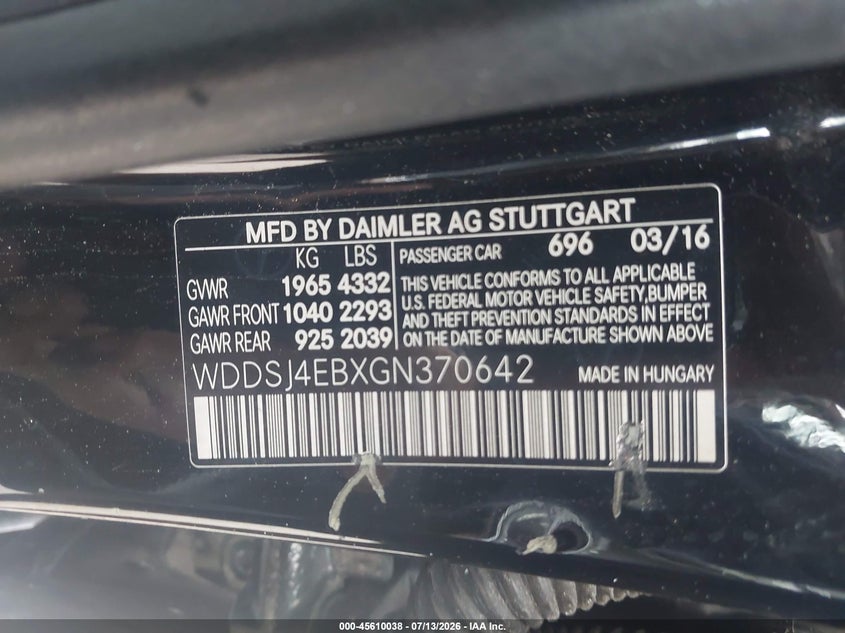 2016 Mercedes-benz Cla-klasse VIN WDDSJ4EBXGN370642 IAAI salvage auction — FRONT END, Clear (Florida), sold $1,500 on 2026-07-21 (photo 9)