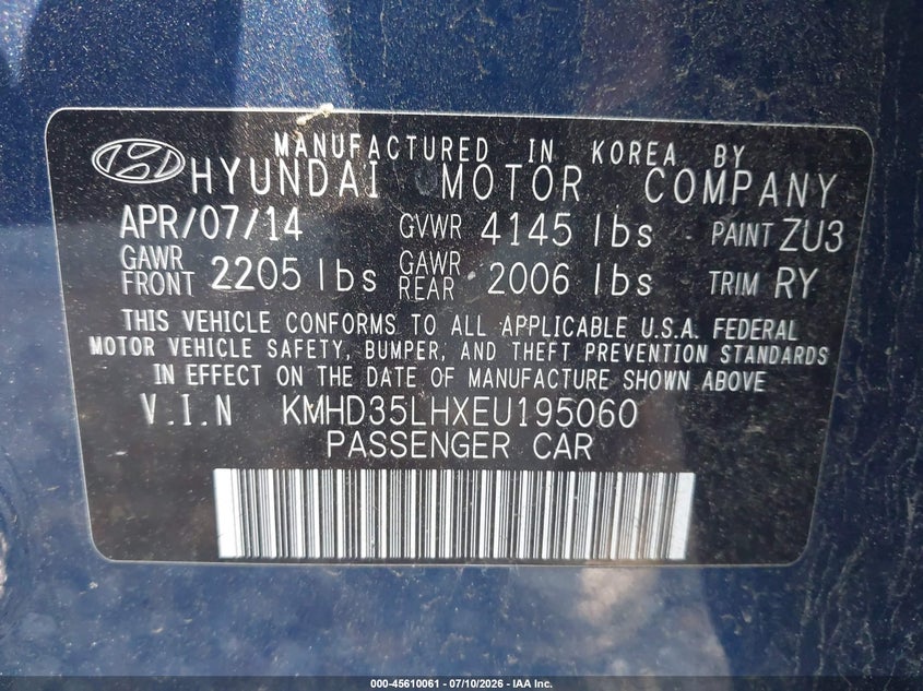 2014 Hyundai Elantra VIN KMHD35LHXEU195060 IAAI salvage auction — SIDE, Clear (New Jersey), sold $500 on 2026-07-15 (photo 9)