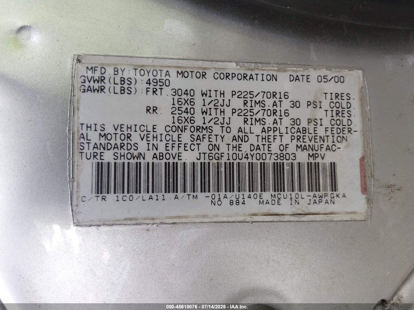 2000 Lexus Rx 300 VIN JT6GF10U4Y0073803 IAAI salvage auction — NORMAL WEAR, Clear (Virginia), sold $375 on 2026-07-28 (photo 9)