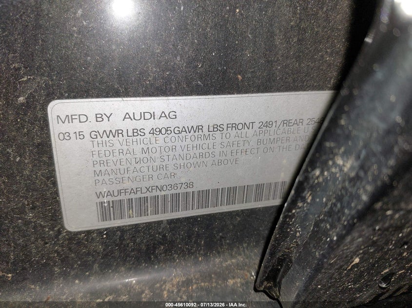 2015 Audi A4 VIN WAUFFAFLXFN036738 IAAI salvage auction — NORMAL WEAR, Clear (Virginia), sold $675 on 2026-07-29 (photo 9)