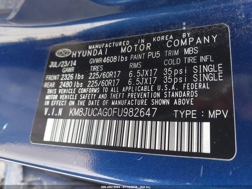 2015 Hyundai Tucson VIN KM8JUCAG0FU982647 IAAI salvage auction — NORMAL WEAR, Clear (Virginia), sold $2,225 on 2026-07-27 (photo 9)