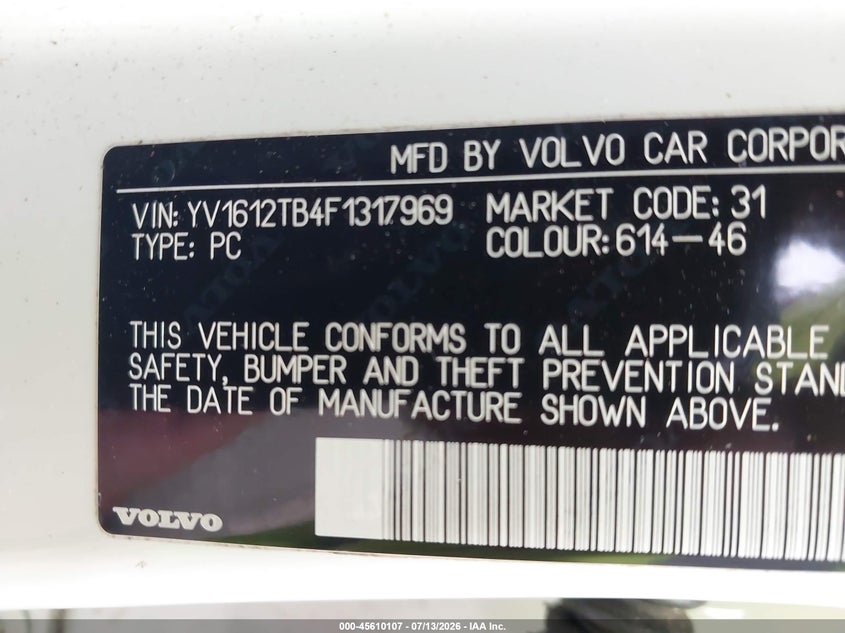 2015 Volvo S60 VIN YV1612TB4F1317969 IAAI salvage auction — NORMAL WEAR, Clear (Virginia), sold $925 on 2026-07-30 (photo 9)