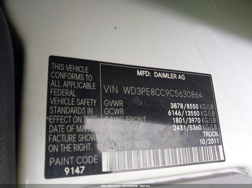 2012 Mercedes-benz Sprinter VIN WD3PE8CC9C5630864 IAAI salvage auction — UNKNOWN, Salvage Title, sold $2,950 on 2026-07-30 (photo 9)