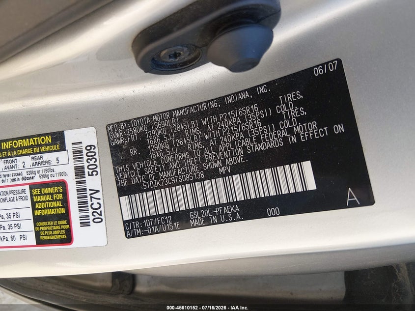 2007 Toyota Sienna VIN 5TDZK23C97S085138 IAAI salvage auction — UNKNOWN, Salvage (Iowa), sold $25 on 2026-07-29 (photo 9)