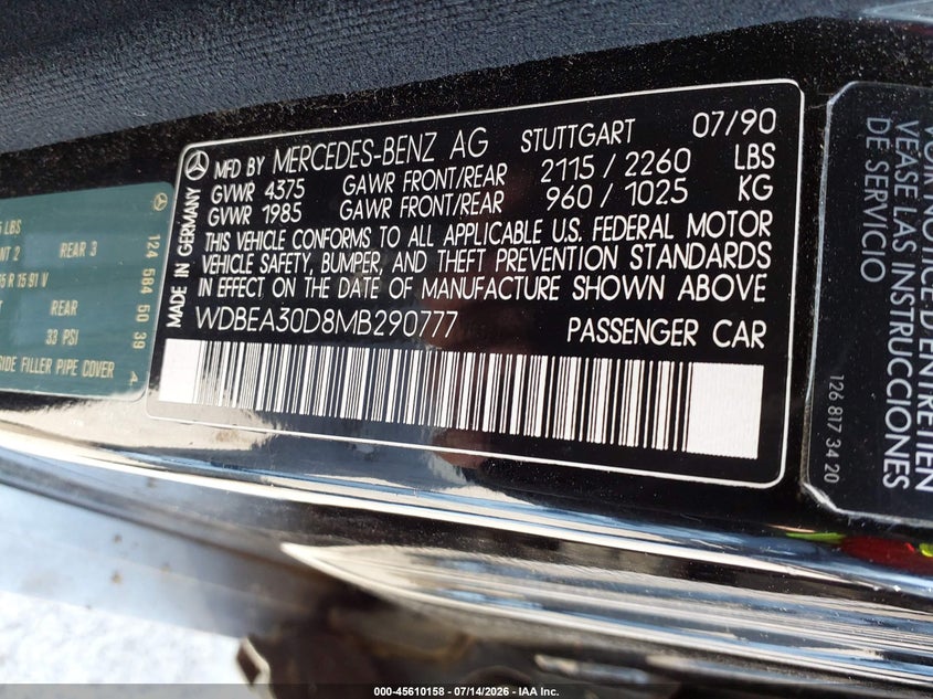 1991 Mercedes-benz VIN WDBEA30D8MB290777 IAAI salvage auction — NORMAL WEAR, Clear, sold $1,100 on 2026-07-29 (photo 9)
