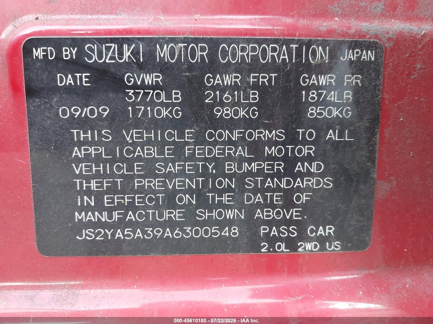 2010 Suzuki Sx4 VIN JS2YA5A39A6300548 IAAI salvage auction — NORMAL WEAR, Clear (Pennsylvania), sold $300 on 2026-07-28 (photo 9)