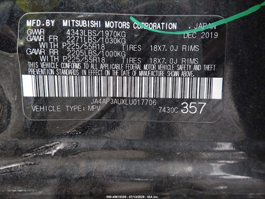 2020 Mitsubishi VIN JA4AP3AUXLU017706 IAAI salvage auction — ALL OVER, Salvage (Tennessee), sold $2,800 on 2026-07-30 (photo 9)