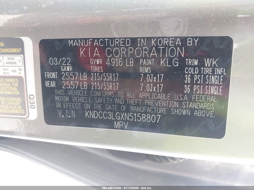2022 Kia Niro VIN KNDCC3LGXN5158807 IAAI salvage auction — REAR END, Salvage Title, sold $5,300 on 2026-07-29 (photo 9)